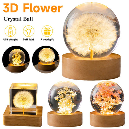 Flower Crystal Ball Night Lamp With Wooden Base