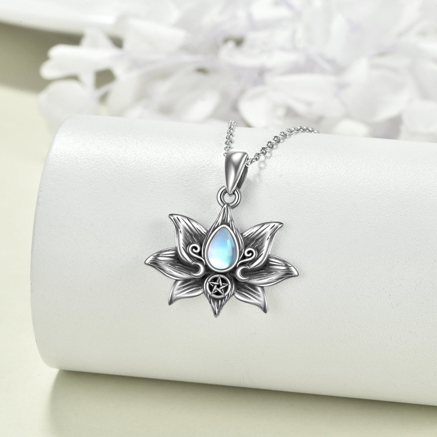 Triple Moon Goddess & Lotus Pendant with Moonstone Sterling Silver Necklace