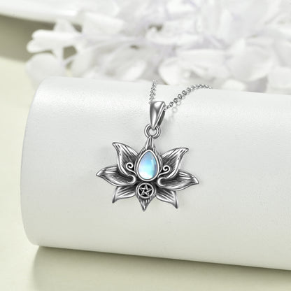 Triple Moon Goddess & Lotus Pendant with Moonstone Sterling Silver Necklace